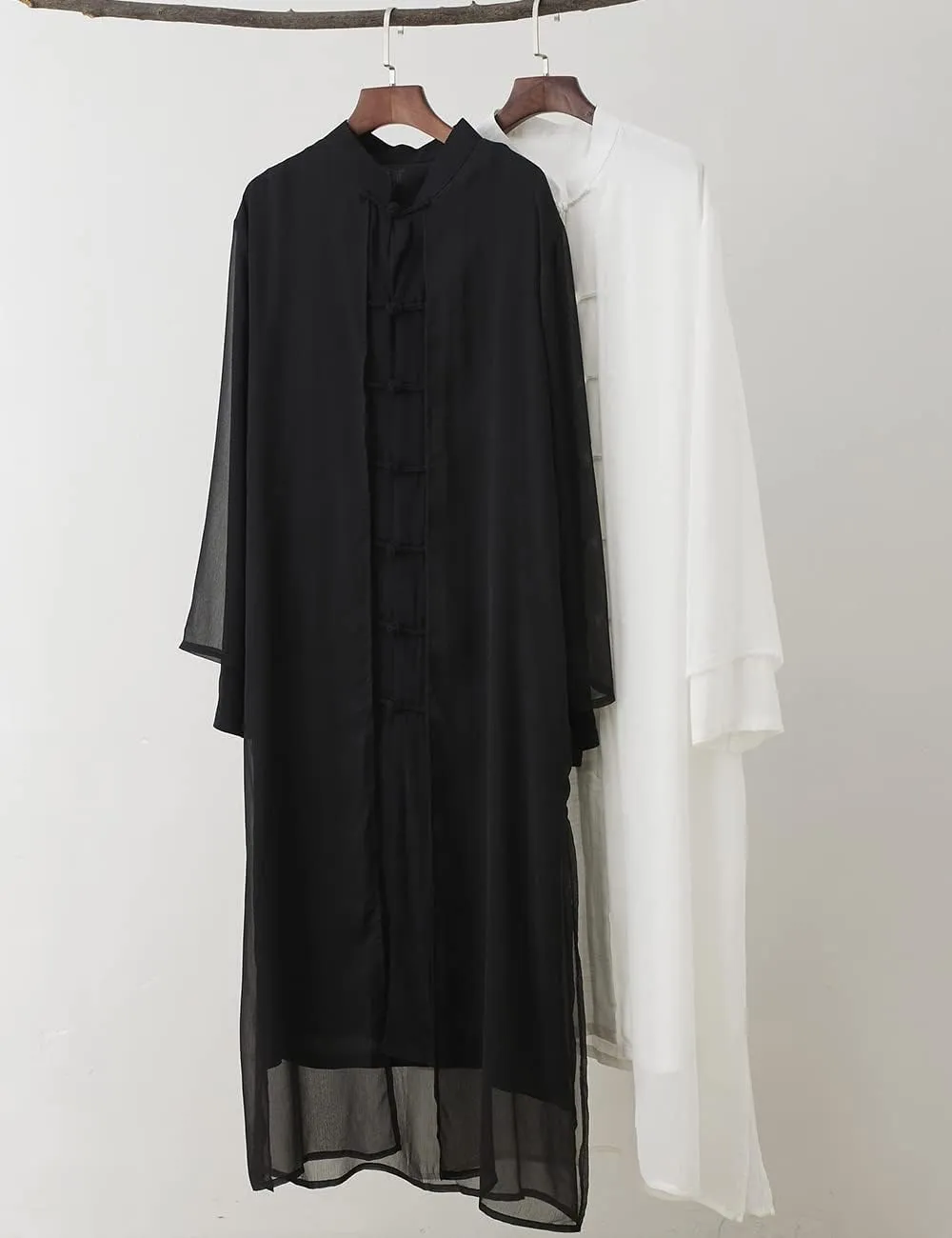 Men's Trench Coat Long Tang Suit Kung Fu Cotton Linen Robe Chinese Style Fake Two Piece Jackets Solid Color