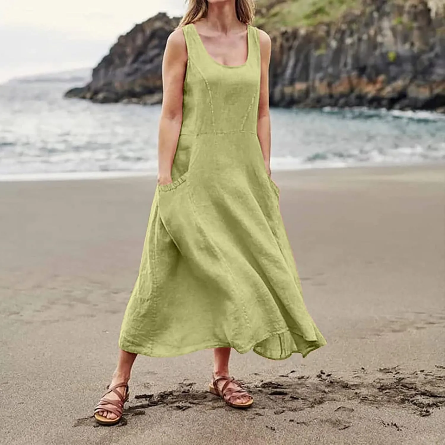 midelxp Summer Sundresses for Women Casual Loose Swing Beach Tank Dresses Sleeveless Solid Color Long Dresses with Pocket