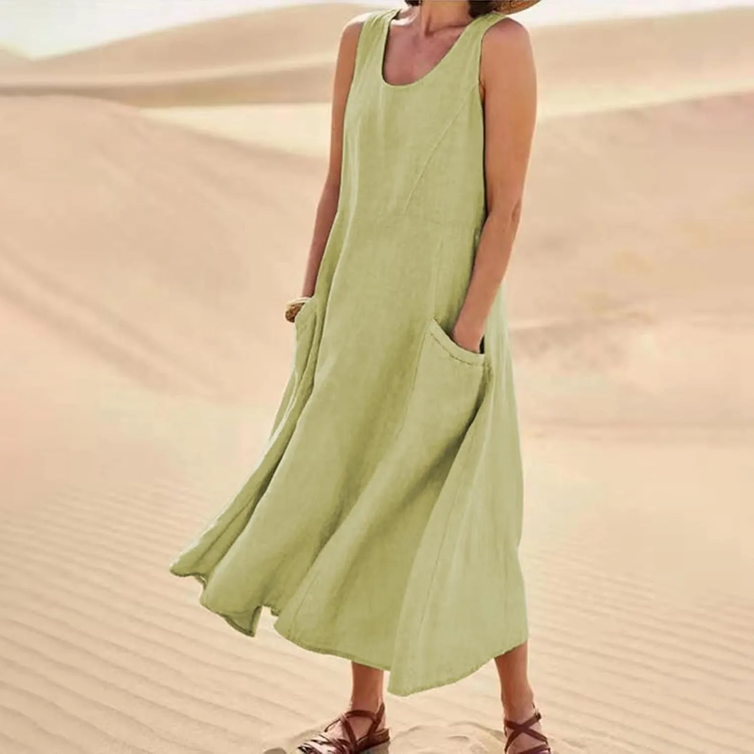 midelxp Summer Sundresses for Women Casual Loose Swing Beach Tank Dresses Sleeveless Solid Color Long Dresses with Pocket
