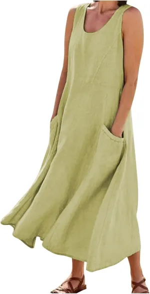 midelxp Summer Sundresses for Women Casual Loose Swing Beach Tank Dresses Sleeveless Solid Color Long Dresses with Pocket