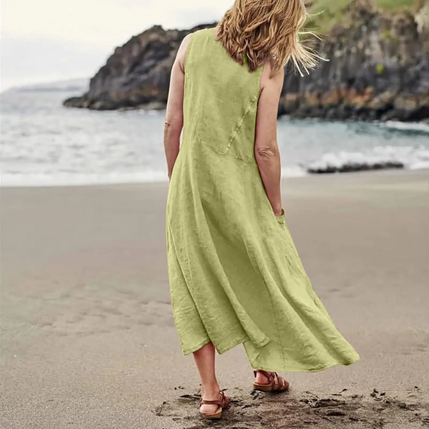 midelxp Summer Sundresses for Women Casual Loose Swing Beach Tank Dresses Sleeveless Solid Color Long Dresses with Pocket