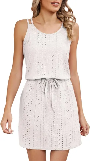 midelxp Summer Sundresses for Women Hollow Out Swimsuit Cover Up Beach Dresses Spaghetti Strap Lace Up Jacquard Tank Dress