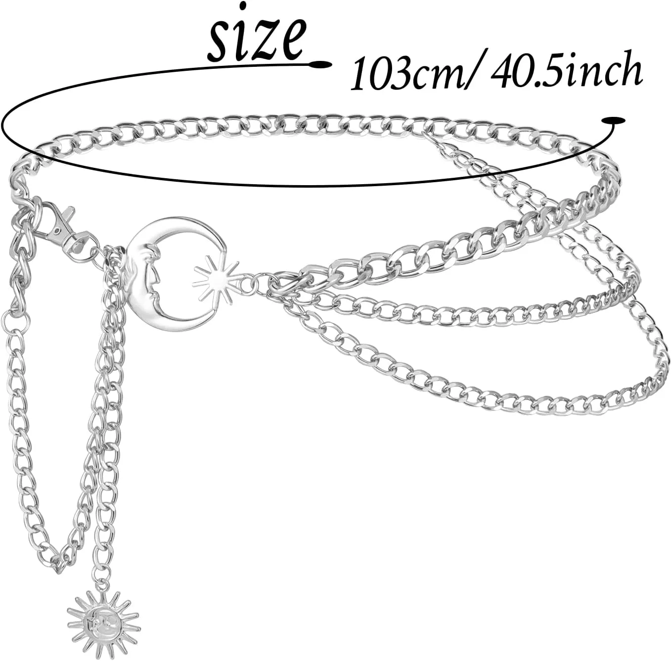 MILAKOO 3 Layered Metal Waist Chain Belt for Women Moon & Sun Belly Belt Body Chain Jewelry for Dress Jeans