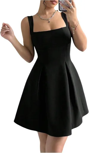 Milumia Women Square Neck Halter Dress Sleeveless Flared A Line Mini Dresses
