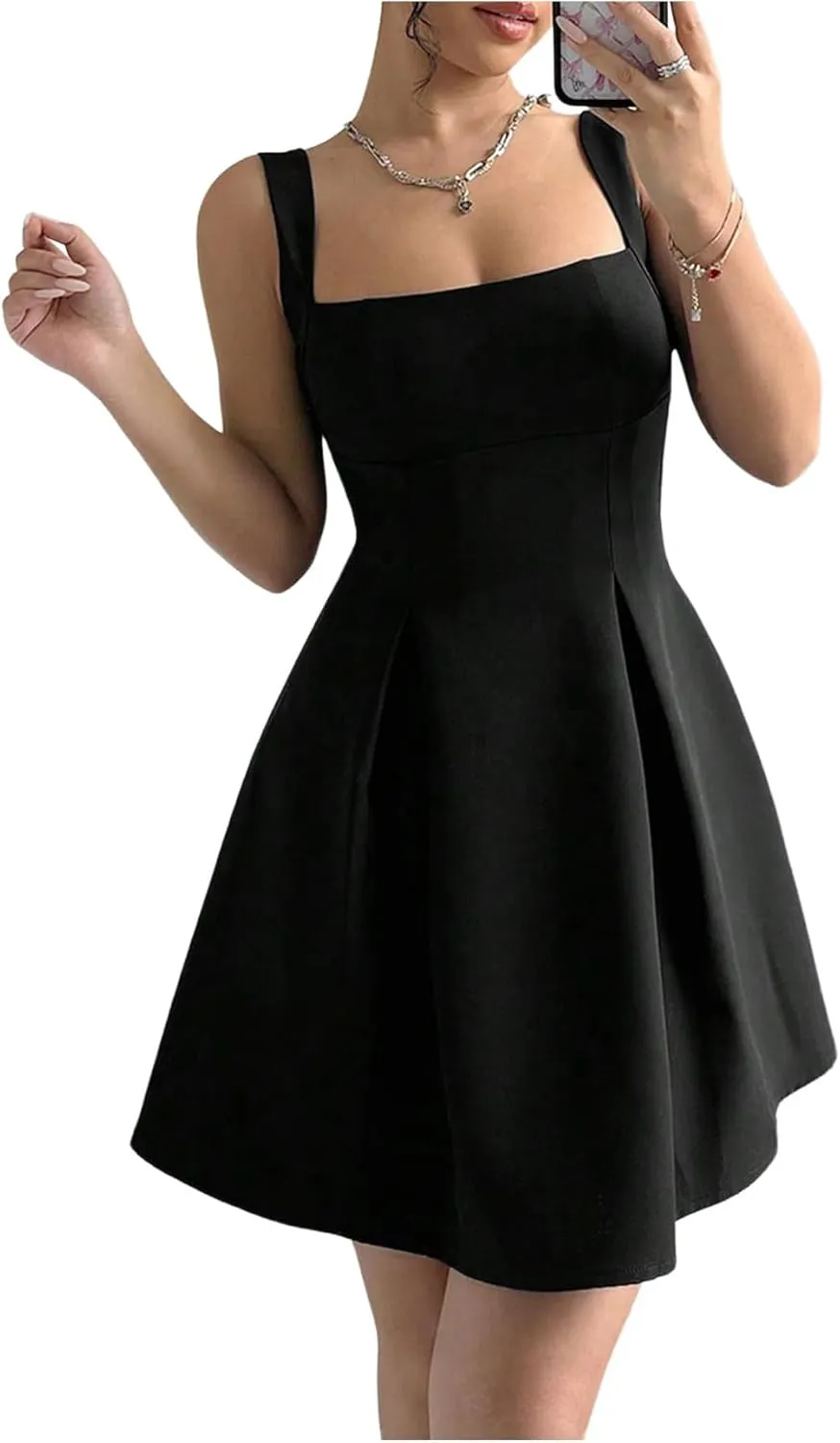 Milumia Women Square Neck Halter Dress Sleeveless Flared A Line Mini Dresses