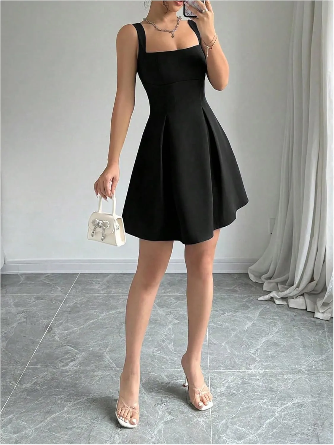 Milumia Women Square Neck Halter Dress Sleeveless Flared A Line Mini Dresses