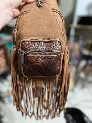 Montana West Tooled Fringe Sling Bag -Brown Handbag