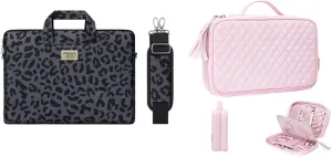 MOSISO Travel Jewelry Organizer Case&Laptop Shoulder Bag with PU Handle Compatible with MacBook Pro 16 inch 2023-2019, 15-15.6 inch Notebook, Leopard Grain Briefcase Sleeve with Belt, Black&Pink
