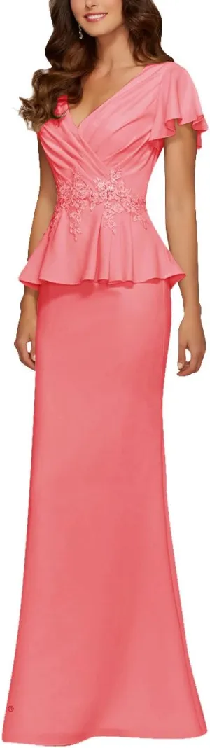 Mother of The Bride Dresses Chiffon Long Formal Evening Gowns Peplum Prom Party Dress Beads Applique Coral US 26W