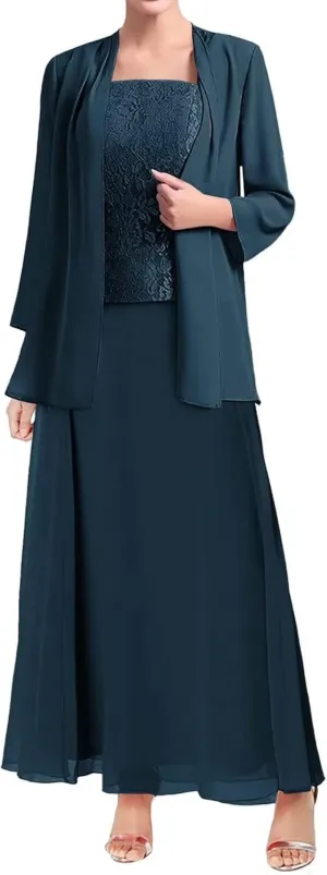 Mother of The Bride Dresses for Wedding Long Sleeve Chiffon Wedding Guest Formal Party Gown with Jackets