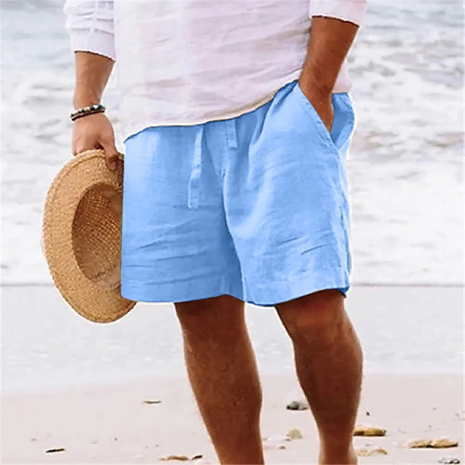 Muscularfit Men's Big & Tall Casual Drawstring Cotton Linen Shorts with Pockets - Regular Fit Stretch Work & Beach Shorts
