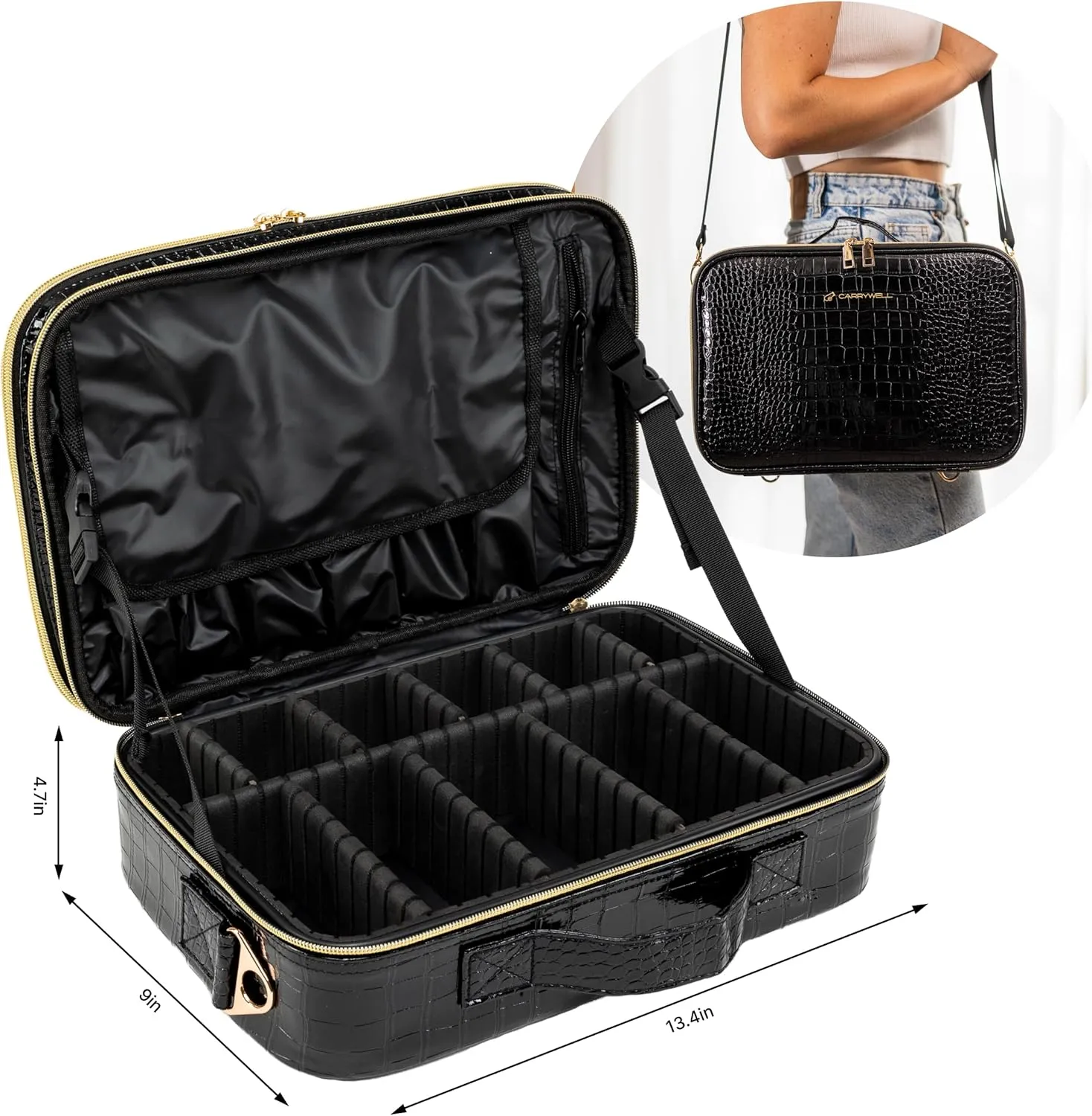 (Not Made In China) Travel Makeup Train Case, Cosmetic Case Organizer, Make Up Bag Storage With Adjustable Dividers For Cosmetics, Jewelry, Fragrance, Nail Polish and Brushes (1, Crocodile, Large)