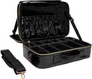 (Not Made In China) Travel Makeup Train Case, Cosmetic Case Organizer, Make Up Bag Storage With Adjustable Dividers For Cosmetics, Jewelry, Fragrance, Nail Polish and Brushes (1, Crocodile, Large)