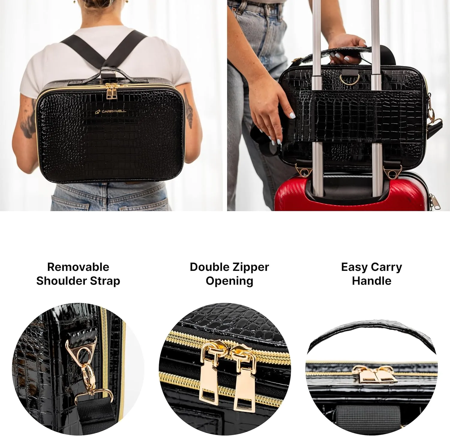 (Not Made In China) Travel Makeup Train Case, Cosmetic Case Organizer, Make Up Bag Storage With Adjustable Dividers For Cosmetics, Jewelry, Fragrance, Nail Polish and Brushes (1, Crocodile, Large)