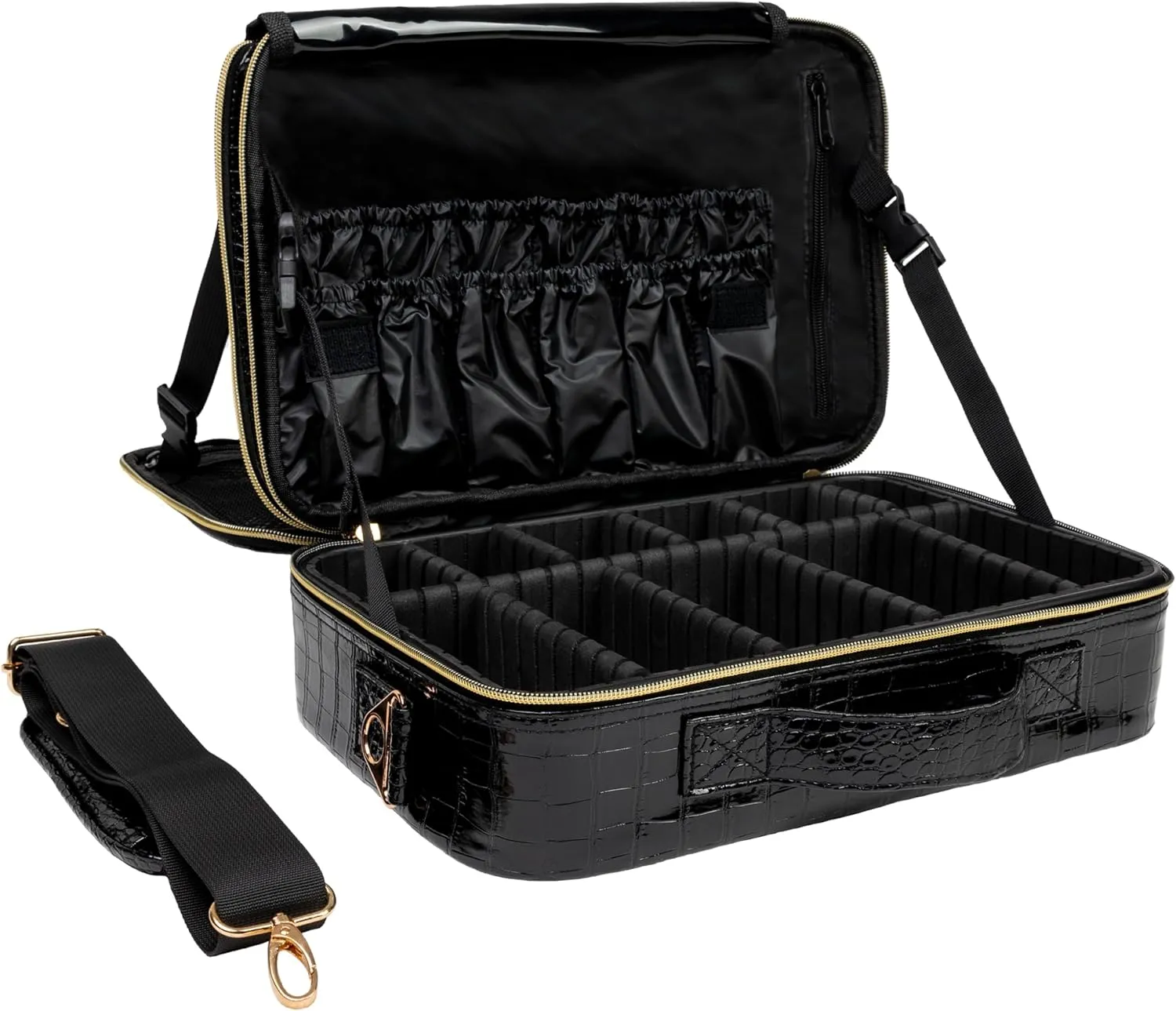 (Not Made In China) Travel Makeup Train Case, Cosmetic Case Organizer, Make Up Bag Storage With Adjustable Dividers For Cosmetics, Jewelry, Fragrance, Nail Polish and Brushes (1, Crocodile, Large)