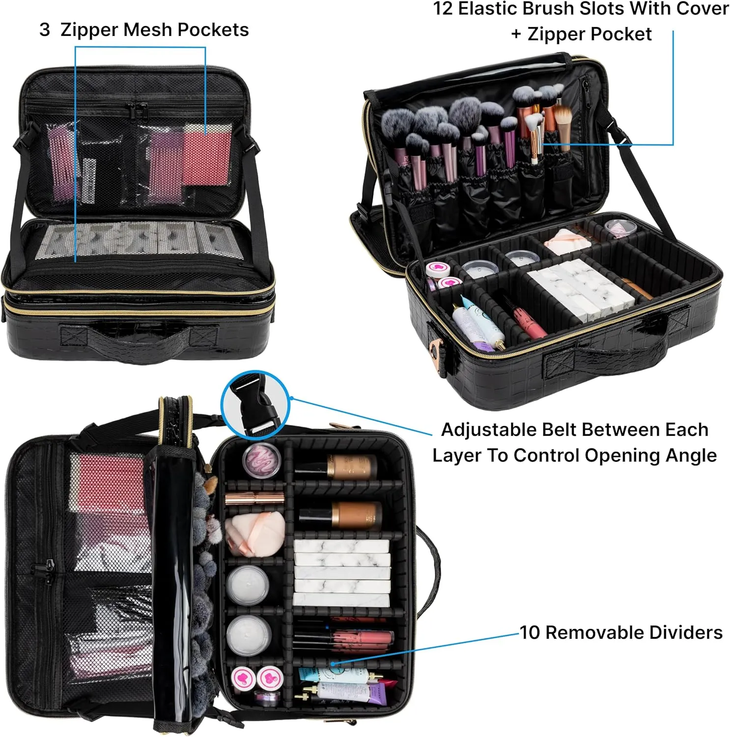 (Not Made In China) Travel Makeup Train Case, Cosmetic Case Organizer, Make Up Bag Storage With Adjustable Dividers For Cosmetics, Jewelry, Fragrance, Nail Polish and Brushes (1, Crocodile, Large)