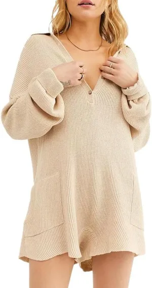 NUFIWI Women Long Sleeve Knit Sweater Rompers V Neck Button Down One Piece Jumpsuit Ribbed Loose Loungewear Outfits