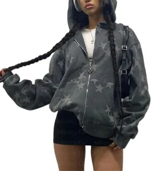 NUFIWI Womens Angel Print Oversized Hoodies Skull Skeleton Pattern Zip Up Jackets Y2K Autumn Winter Plus Size Sweatshirt