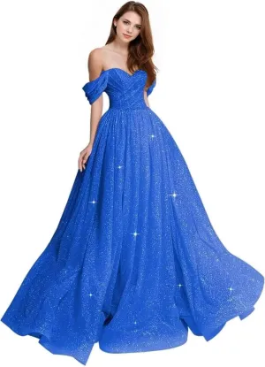 Off The Shoulder Prom Dress 2025 Glitter Tulle Ball Gown A Line Long Formal Evening Dresses