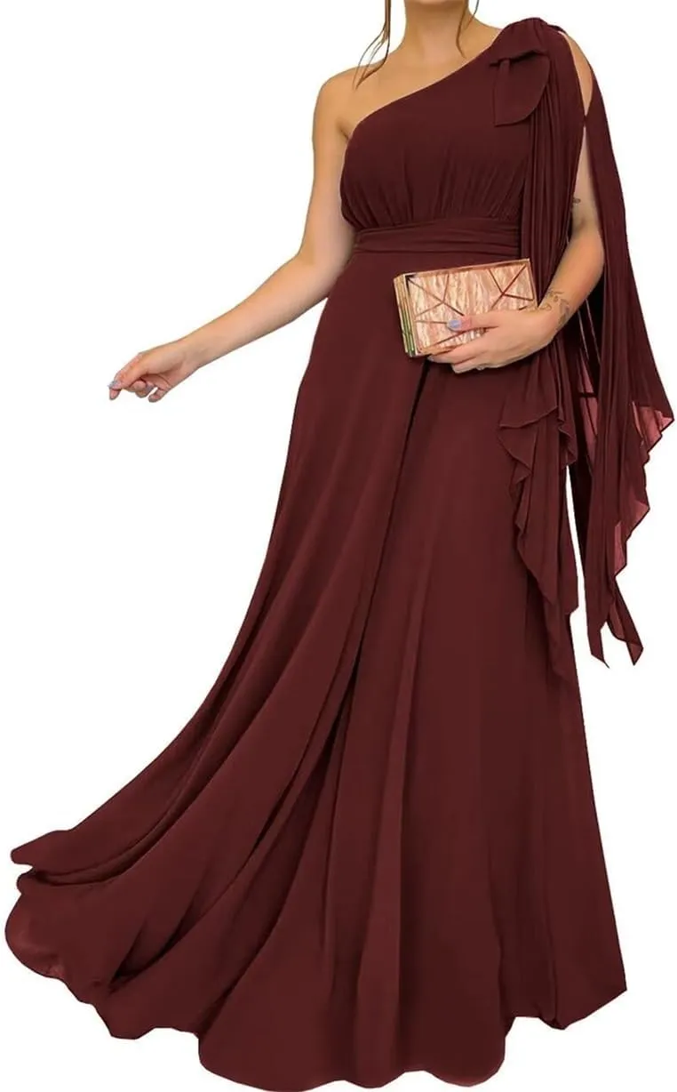 One Shoulder Country Bridesmaid Dresses Ruched Chiffon Prom Formal Evening Maxi Gowns with Slit EZ130
