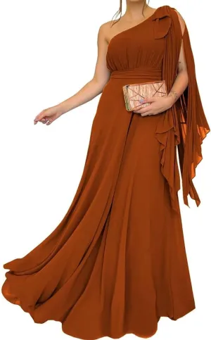 One Shoulder Country Bridesmaid Dresses Ruched Chiffon Prom Formal Evening Maxi Gowns with Slit EZ130