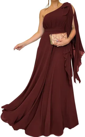 One Shoulder Country Bridesmaid Dresses Ruched Chiffon Prom Formal Evening Maxi Gowns with Slit EZ130
