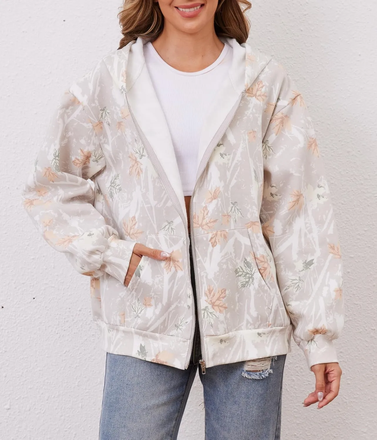 Oversized Camo Fleece Hoodies For Women Full Zip Up Sweatshirts Casual Long Sleeve Hooded Jackets With Pockets