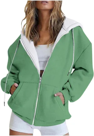 Oversized Zip Up Hoodies for Women Casual Drawstring Teen Girl Y2K Sweatshirts Long Sleeve Fall Jackets With Pockets