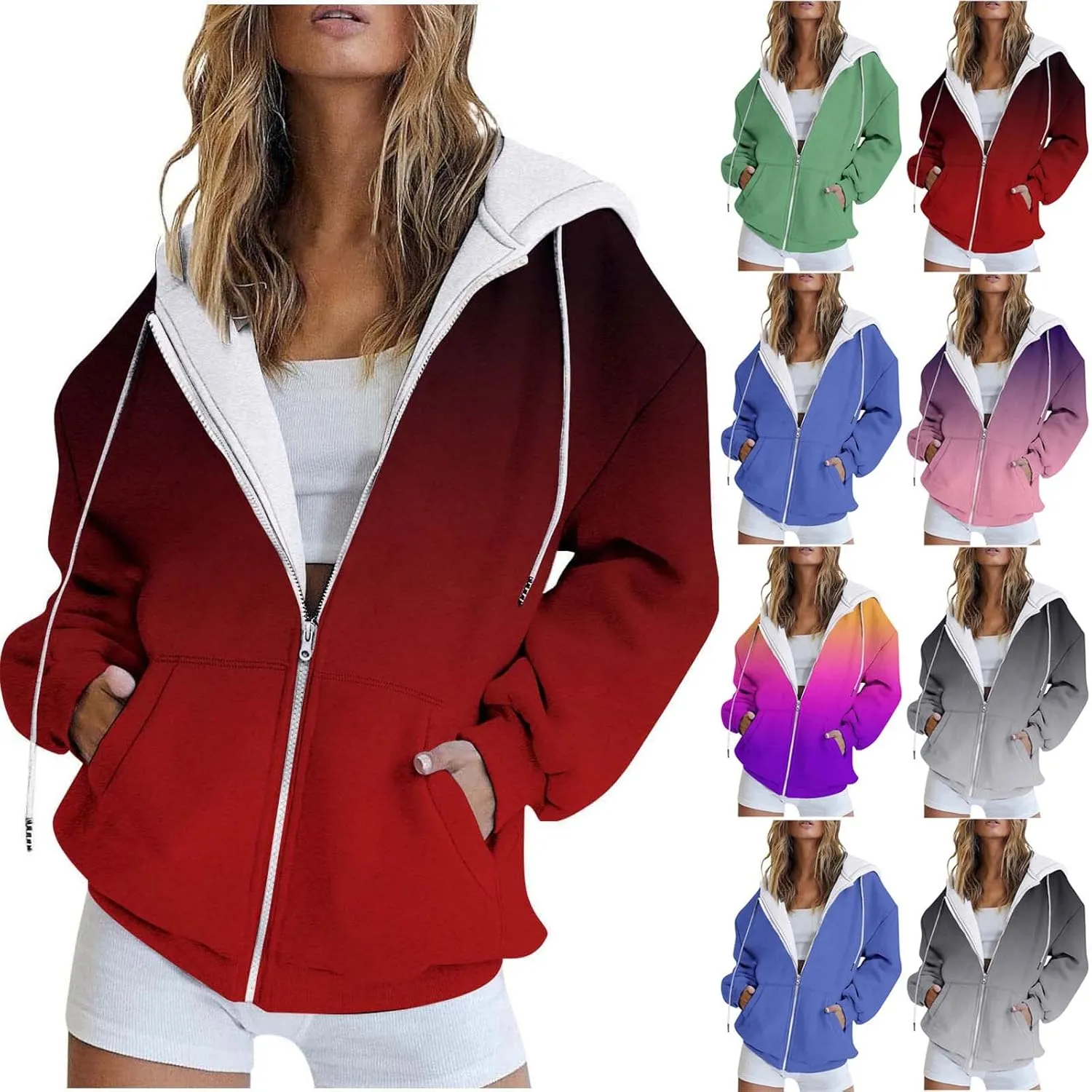 Oversized Zip Up Hoodies for Women Casual Drawstring Teen Girl Y2K Sweatshirts Long Sleeve Fall Jackets With Pockets