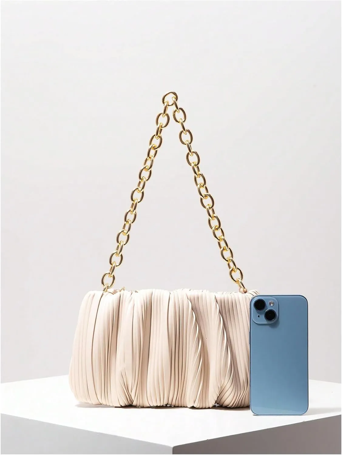 OYOANGLE Women's Textured Ring Linked Strap Shoulder Bags Evening Bags Ruched Clutch Purse