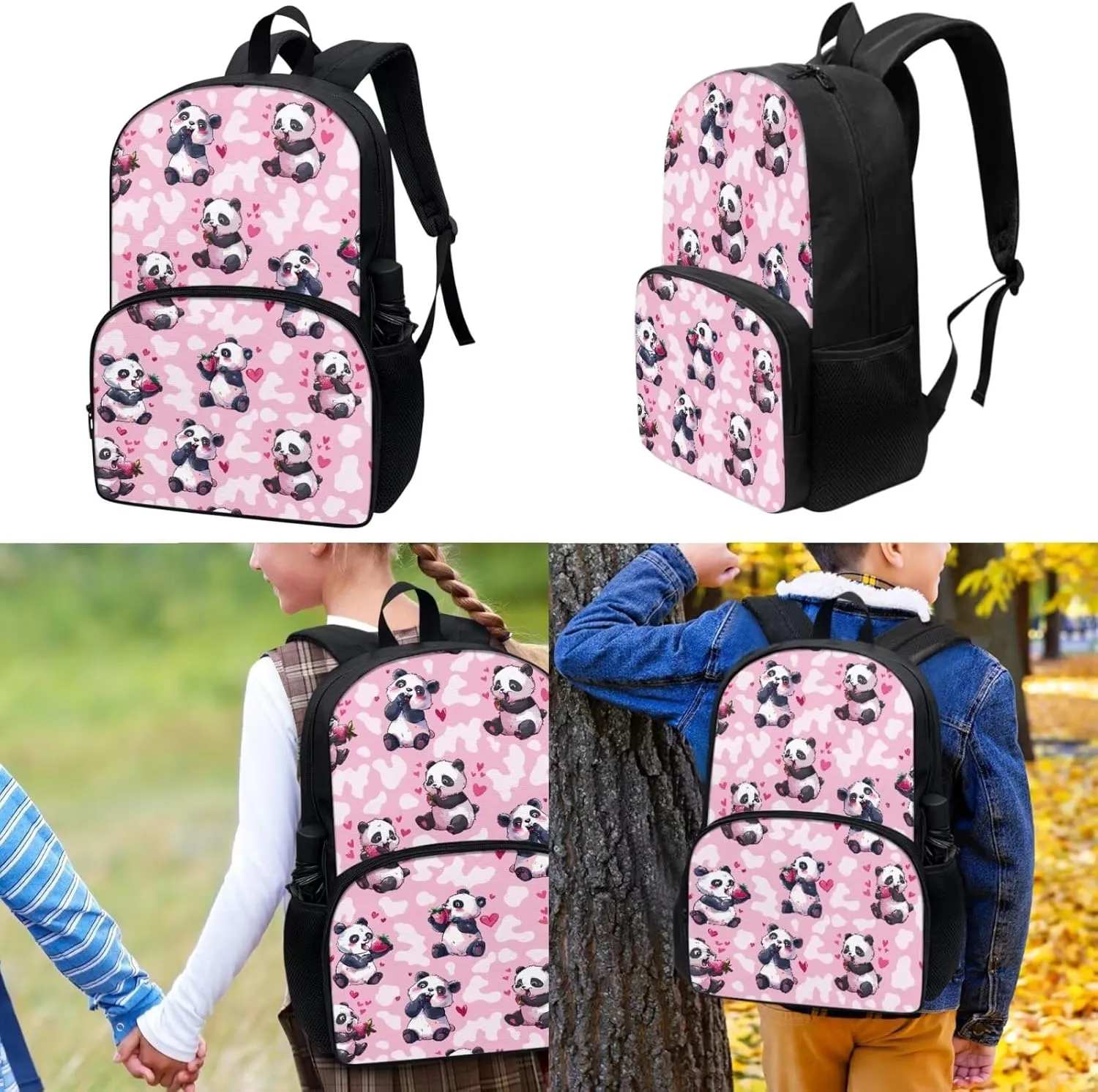 Panda Backpack for Girls With Lunch Box 3 in 1 Strawberry Pencil Case for Kids Thermal Insulated Lunch Bag Large Capacity Backpack for School