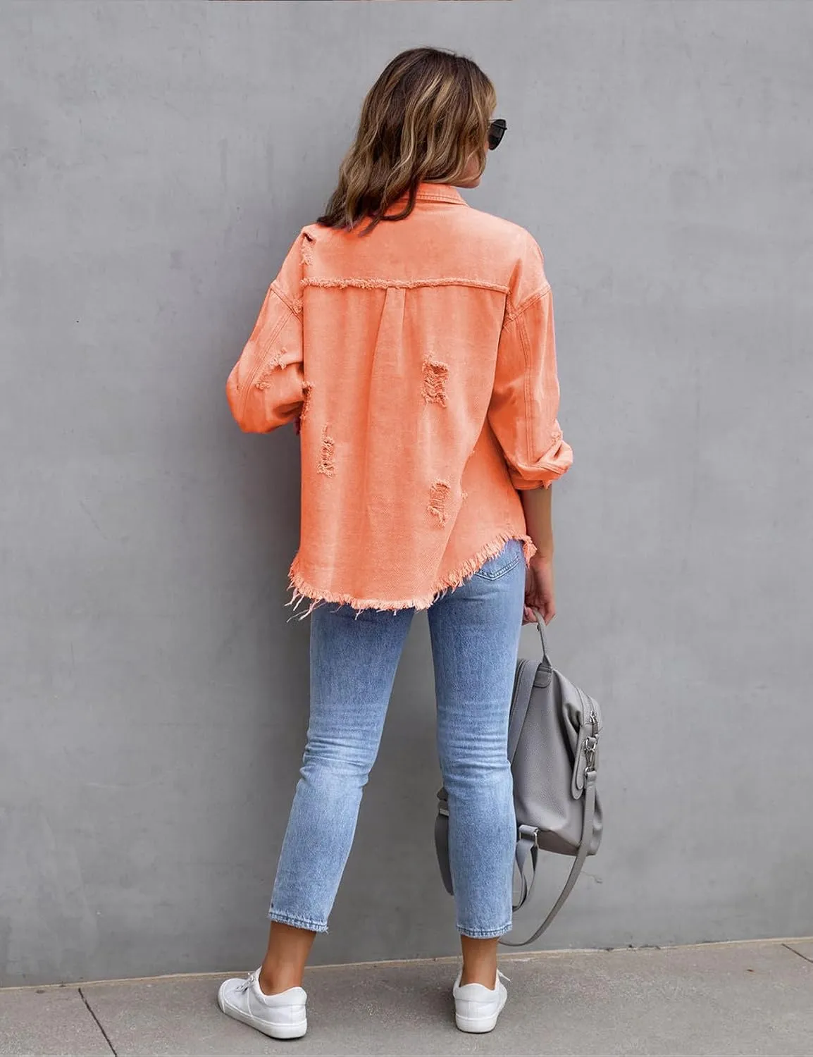 Perbai Womens Oversized Ripped Denim Jacket Frayed Hem Button Front Boyfriend Jean Coat Western Shacket with Pockets