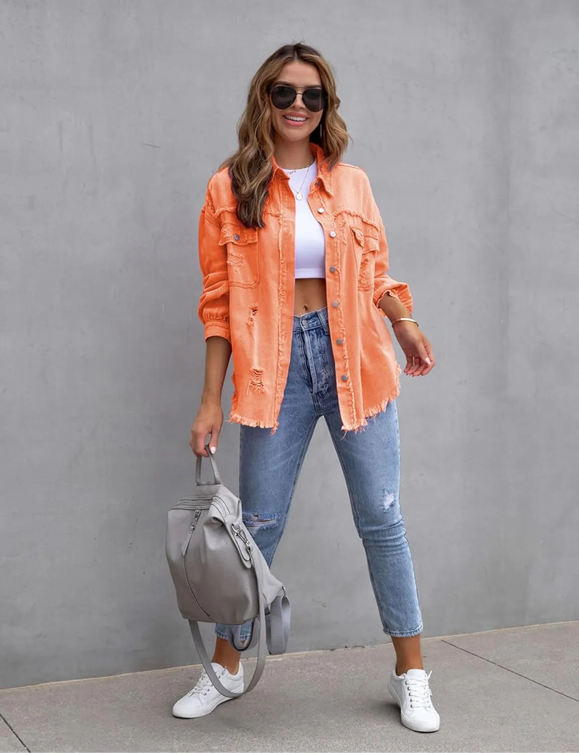 Perbai Womens Oversized Ripped Denim Jacket Frayed Hem Button Front Boyfriend Jean Coat Western Shacket with Pockets