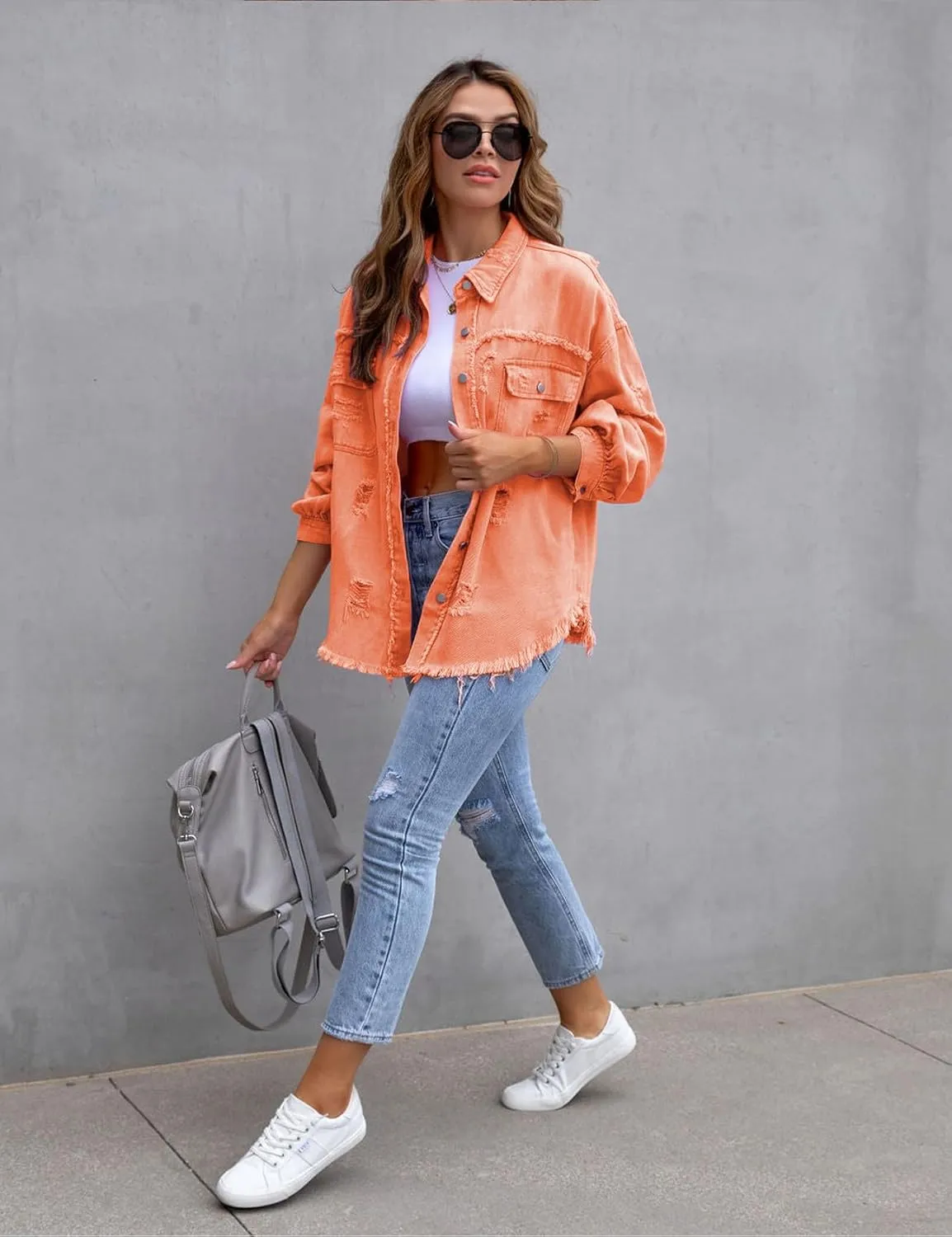 Perbai Womens Oversized Ripped Denim Jacket Frayed Hem Button Front Boyfriend Jean Coat Western Shacket with Pockets