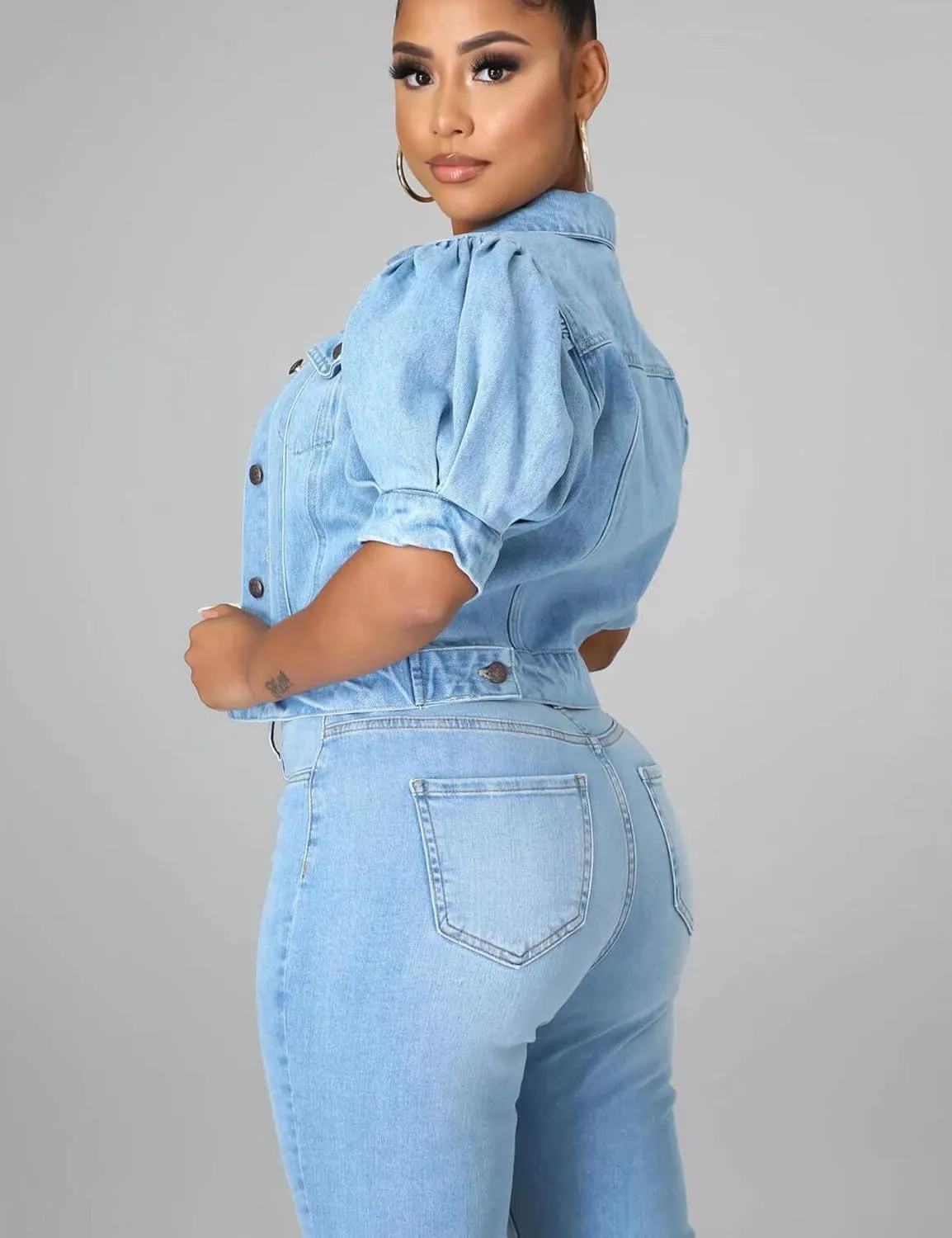 Perbai Women's Puff Short Sleeve Denim Jacket Washed Button Down Cropped Jean Coat