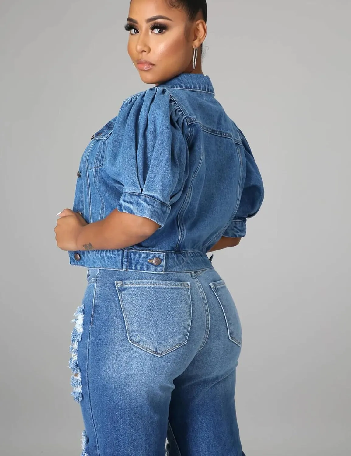 Perbai Women's Puff Short Sleeve Denim Jacket Washed Button Down Cropped Jean Coat