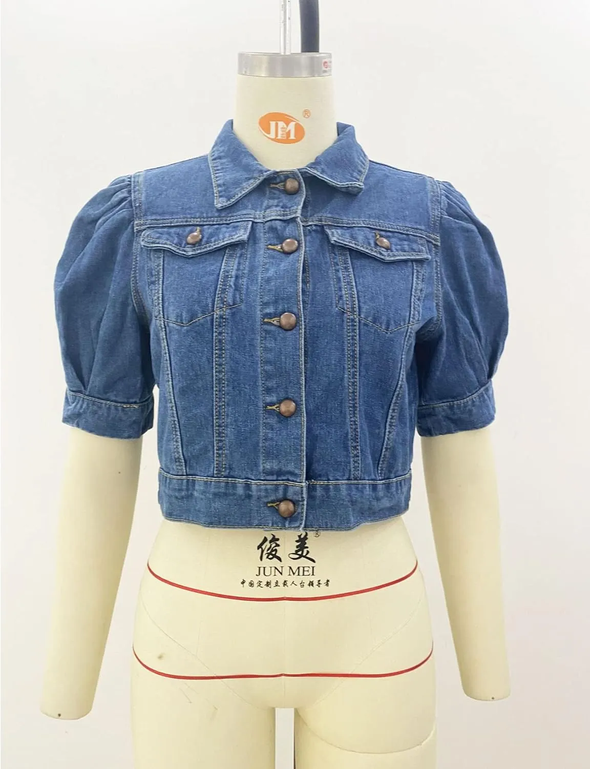 Perbai Women's Puff Short Sleeve Denim Jacket Washed Button Down Cropped Jean Coat
