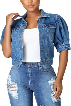 Perbai Women's Puff Short Sleeve Denim Jacket Washed Button Down Cropped Jean Coat