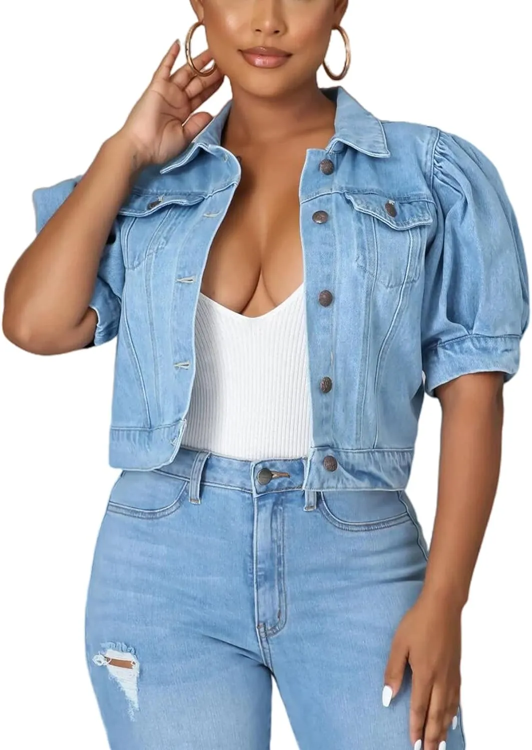 Perbai Women's Puff Short Sleeve Denim Jacket Washed Button Down Cropped Jean Coat