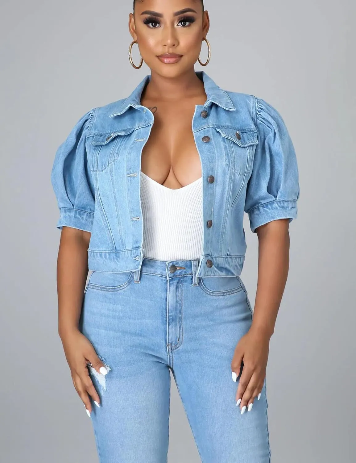 Perbai Women's Puff Short Sleeve Denim Jacket Washed Button Down Cropped Jean Coat