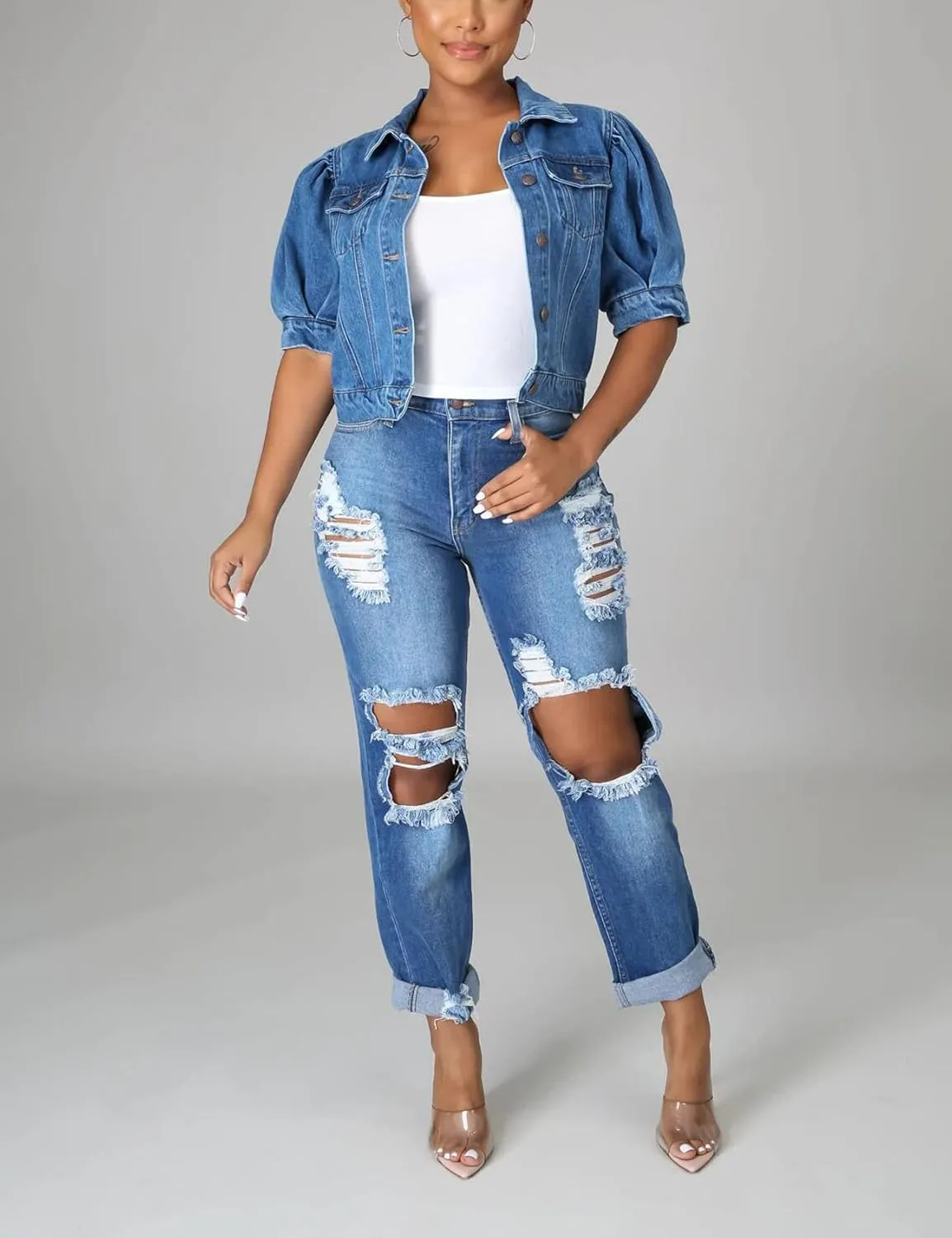 Perbai Women's Puff Short Sleeve Denim Jacket Washed Button Down Cropped Jean Coat