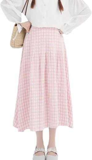 Perbai Womens Summer Plaid Skirt High Waisted Flowy A Line Pleated Tartan Long Midi Skirts