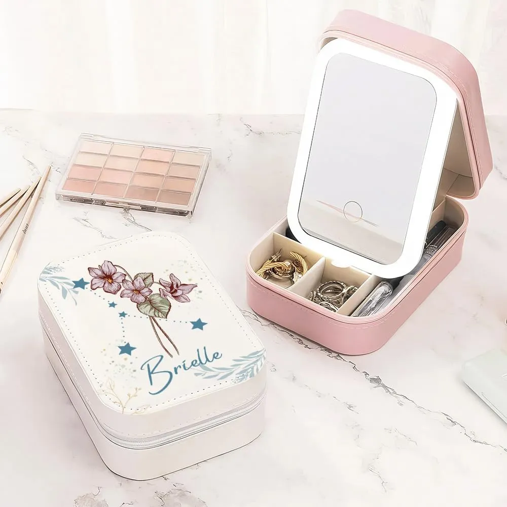 Personalized Birth Flower Travel Makeup Bag With LED Mirror Leather, Custom Name Makeup Organizer Portable Jewelry Organizer Case Valentine's, Birthday, Christmas Gifts for Women, Daughter, Mother