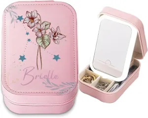Personalized Birth Flower Travel Makeup Bag With LED Mirror Leather, Custom Name Makeup Organizer Portable Jewelry Organizer Case Valentine's, Birthday, Christmas Gifts for Women, Daughter, Mother