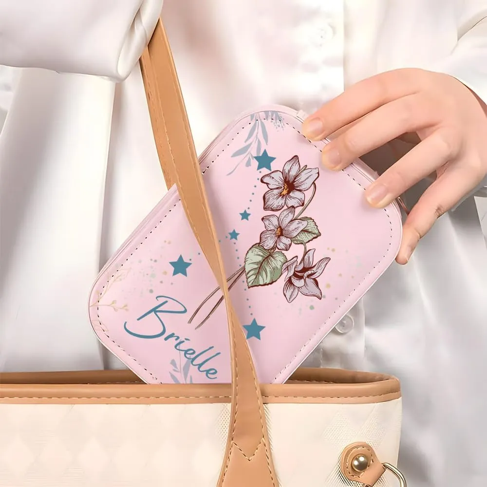 Personalized Birth Flower Travel Makeup Bag With LED Mirror Leather, Custom Name Makeup Organizer Portable Jewelry Organizer Case Valentine's, Birthday, Christmas Gifts for Women, Daughter, Mother