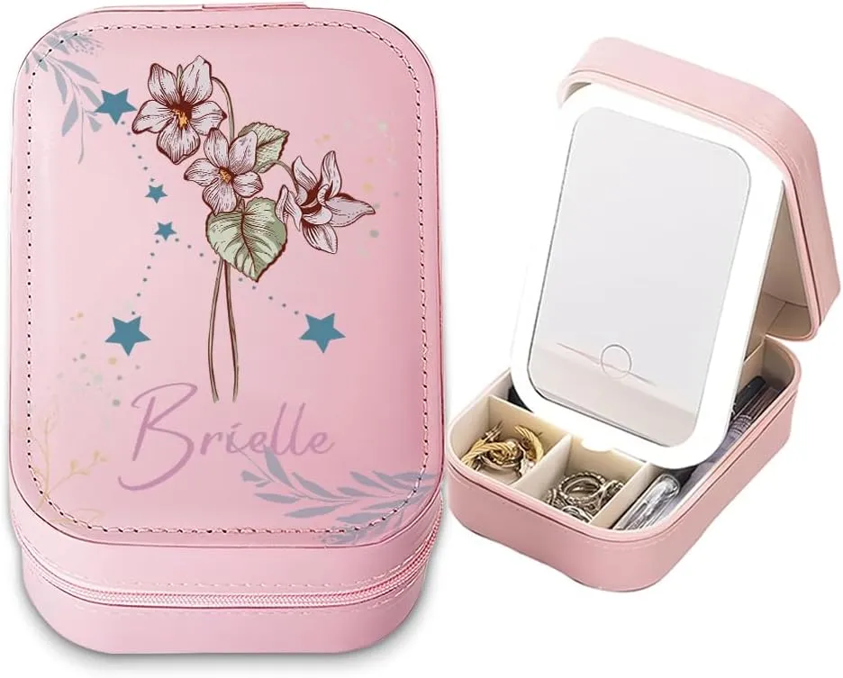 Personalized Birth Flower Travel Makeup Bag With LED Mirror Leather, Custom Name Makeup Organizer Portable Jewelry Organizer Case Valentine's, Birthday, Christmas Gifts for Women, Daughter, Mother