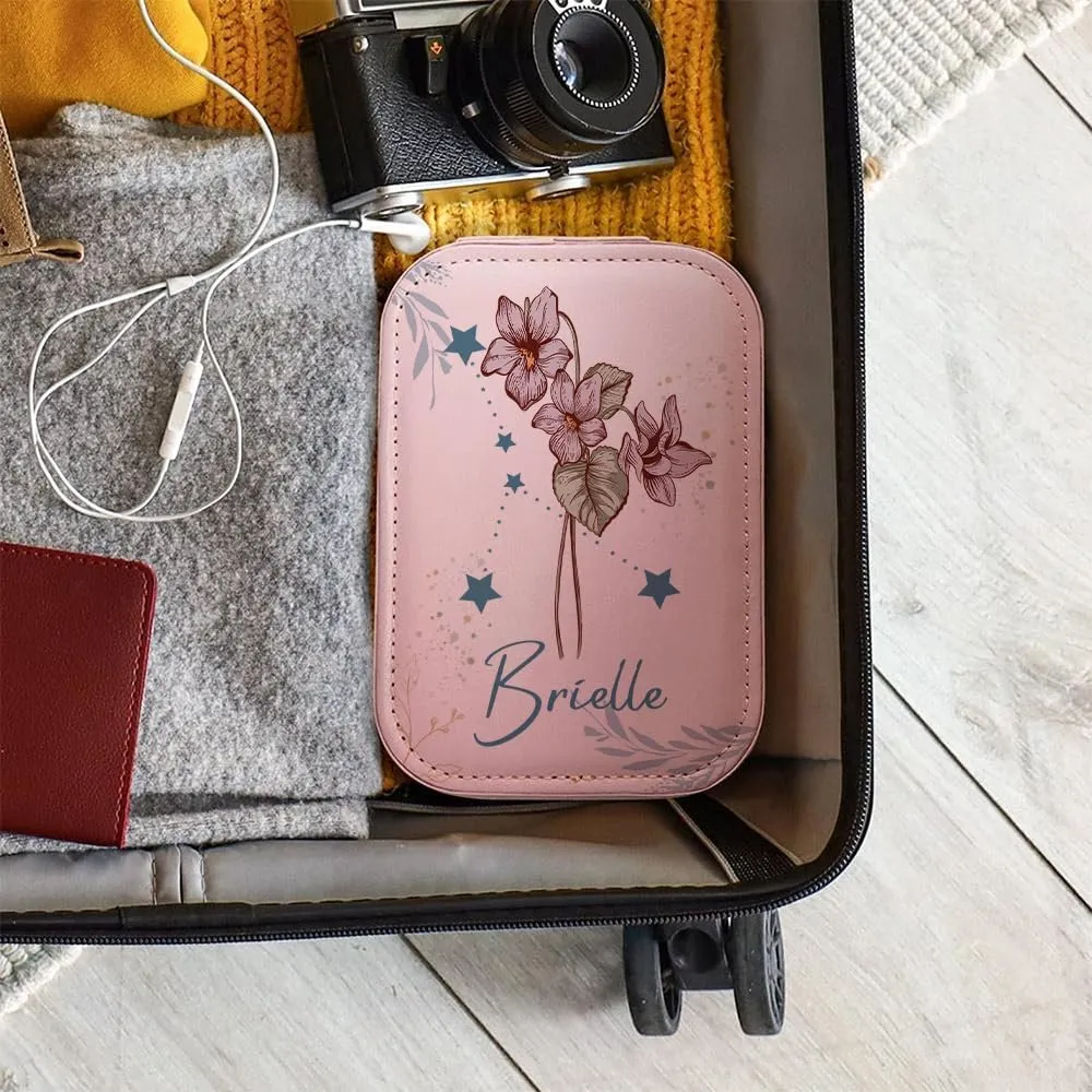 Personalized Birth Flower Travel Makeup Bag With LED Mirror Leather, Custom Name Makeup Organizer Portable Jewelry Organizer Case Valentine's, Birthday, Christmas Gifts for Women, Daughter, Mother