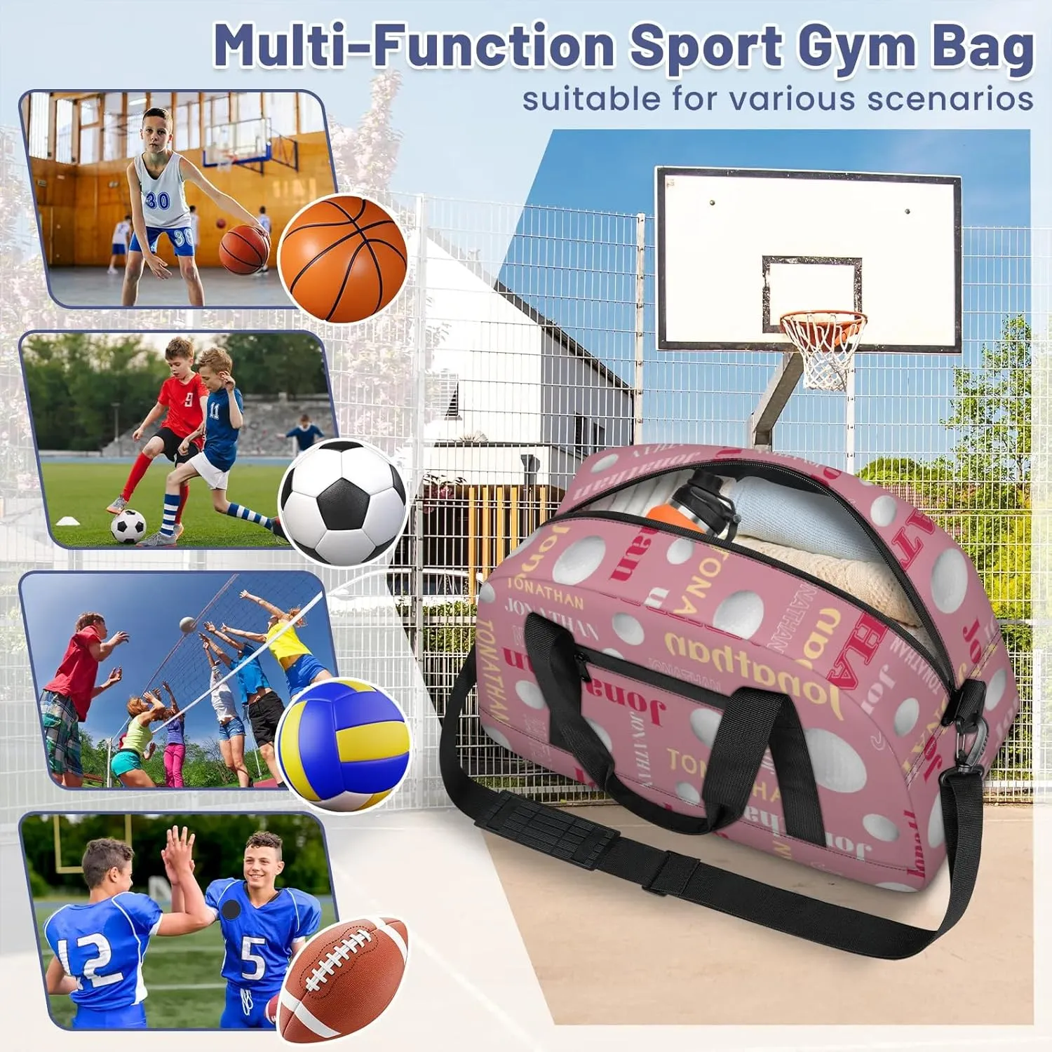 Personalized Duffle Bag - Custom Name Kids Sports Bag, Sleepover Bags for Girls, Lightweight Toddler Boys Overnight Bag for Weekender Travel Cheer Dance Ball Game, Golf Text
