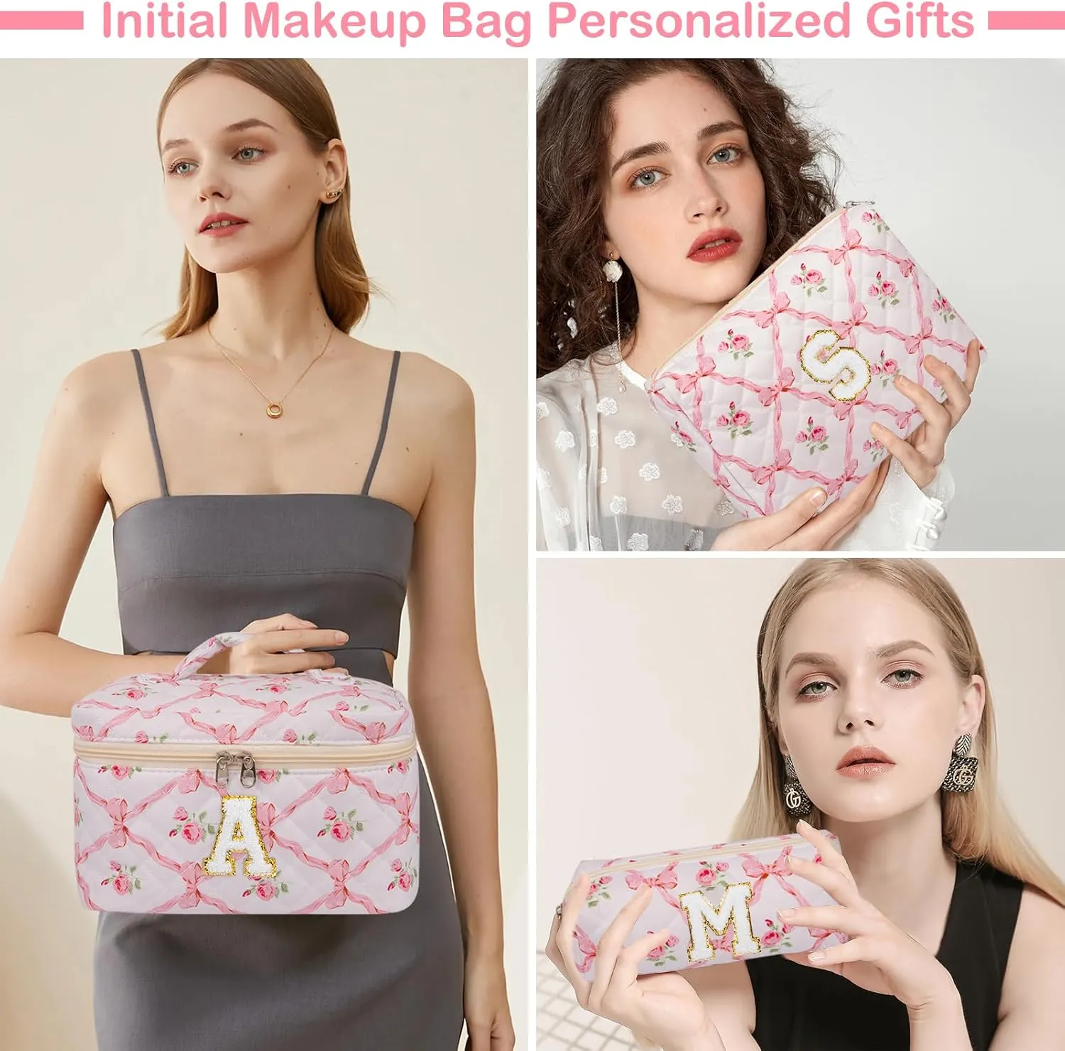 Personalized Initial Makeup Bag Set, Quilted Makeup Bag, Large Floral Cosmetic Bag for Women, Cute Cotton Custom Make up Bags, Flower Travel Toiletry Bag Teen Girl Gift Trendy Stuff Gift M