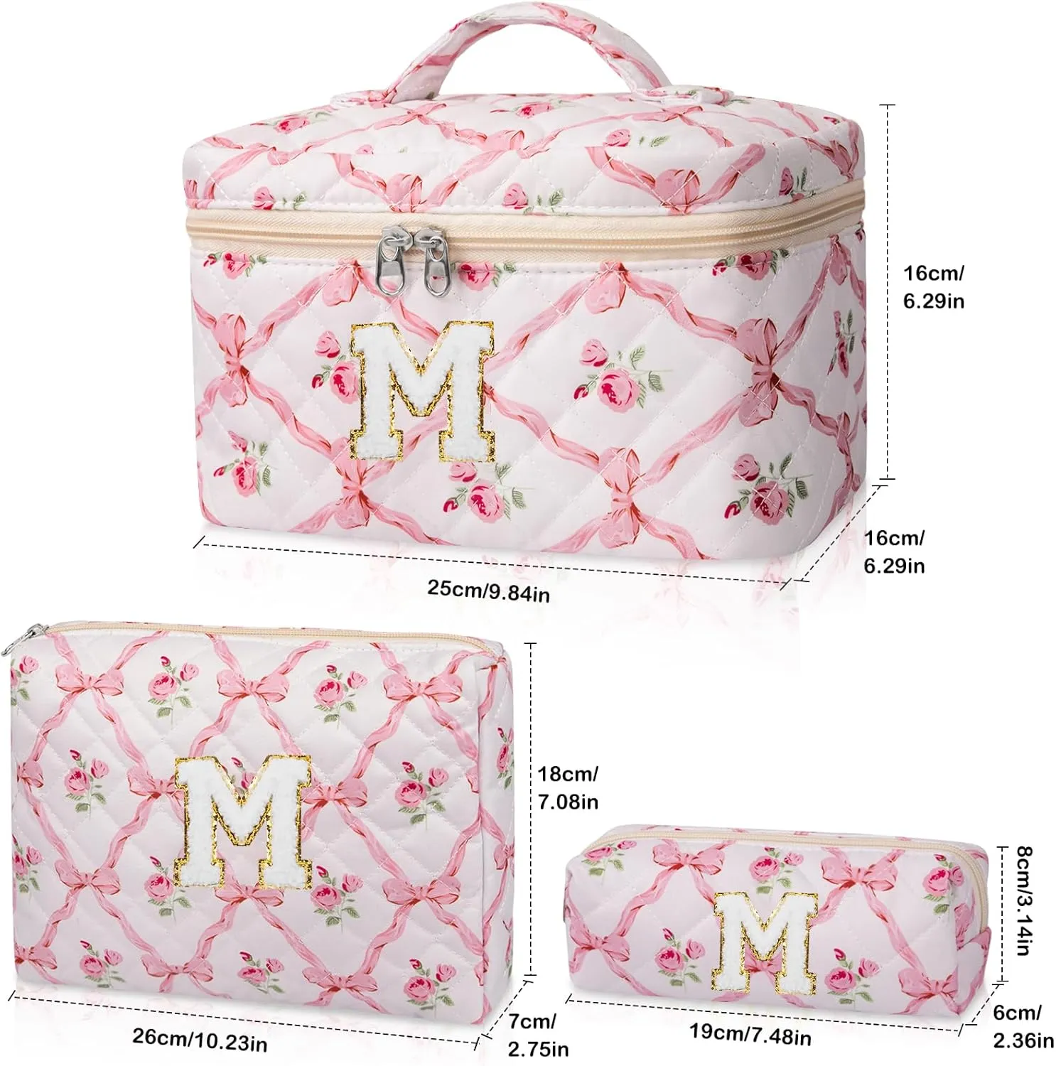 Personalized Initial Makeup Bag Set, Quilted Makeup Bag, Large Floral Cosmetic Bag for Women, Cute Cotton Custom Make up Bags, Flower Travel Toiletry Bag Teen Girl Gift Trendy Stuff Gift M